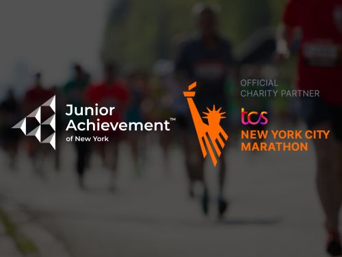 Marathoners running with logo overlay