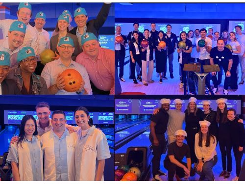 Collage of groups of coworkers at bowling alleys
